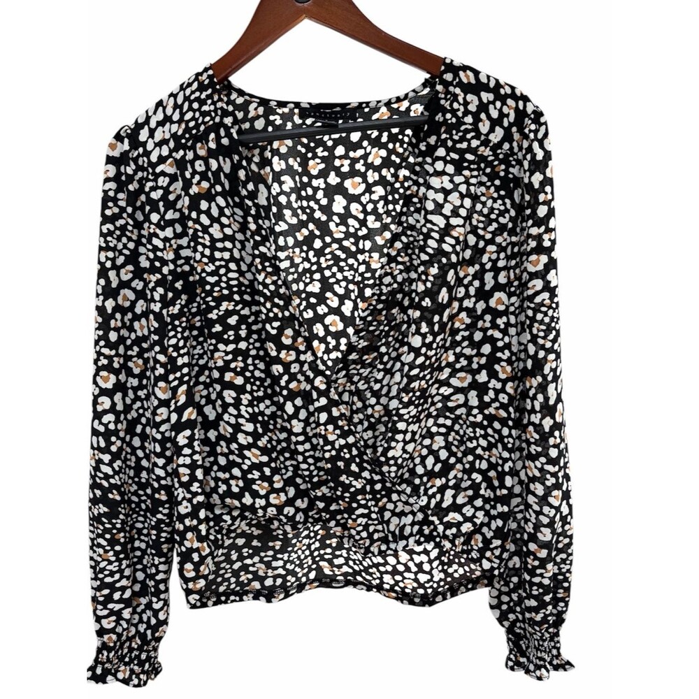 Sanctuary Leopard Print Wrap Blouse Smocked Sleeve Top S